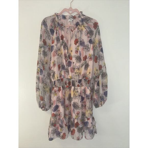 NSR Pink Floral‎ 70s Ruched V Neck Peasant Sleeve Midi Cottagecore Dress Sz Med - Picture 2 of 6